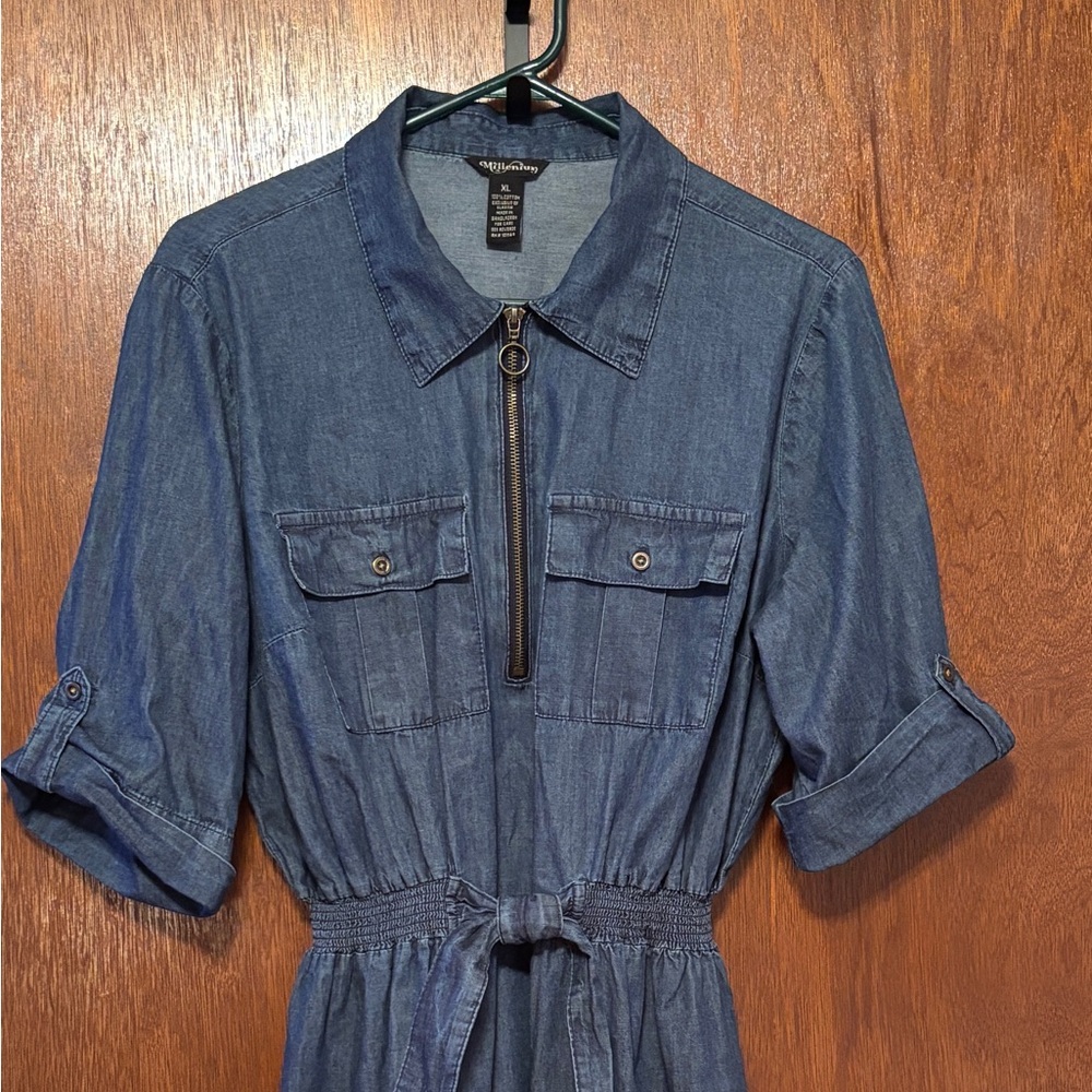 Blue Chambray Knee Length Dress with Zipper Pull Detail and tie waist
